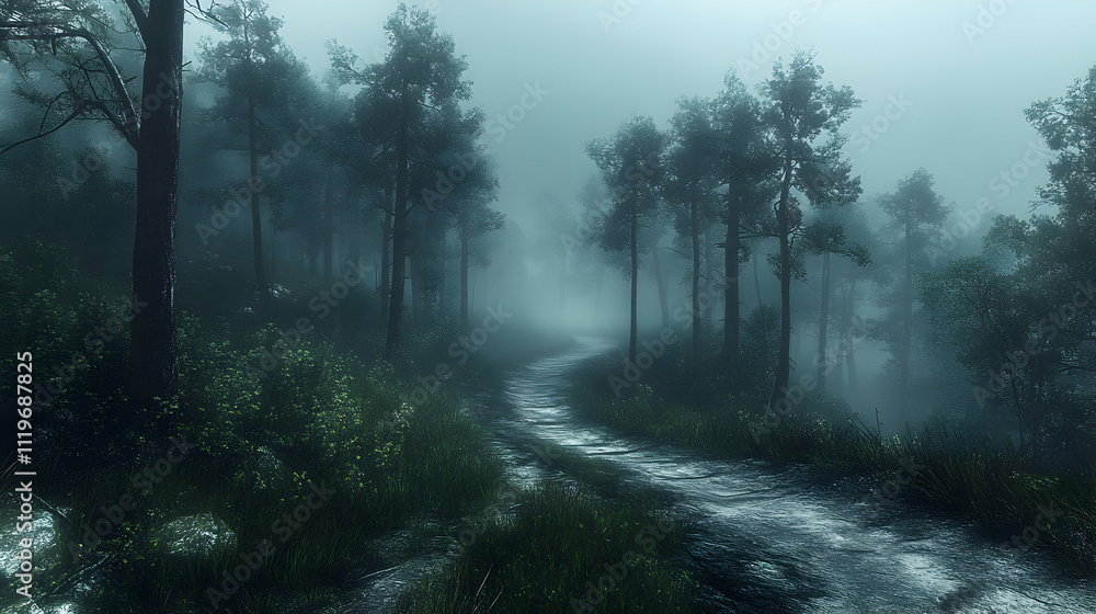 Fototapeta premium Misty forest path winding through tall trees.