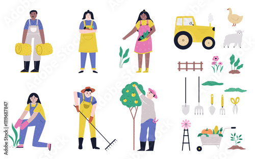 Set of vector illustrations of gardeners, farmers doing agricultural works. Illustration of tools, equipment, vegetables