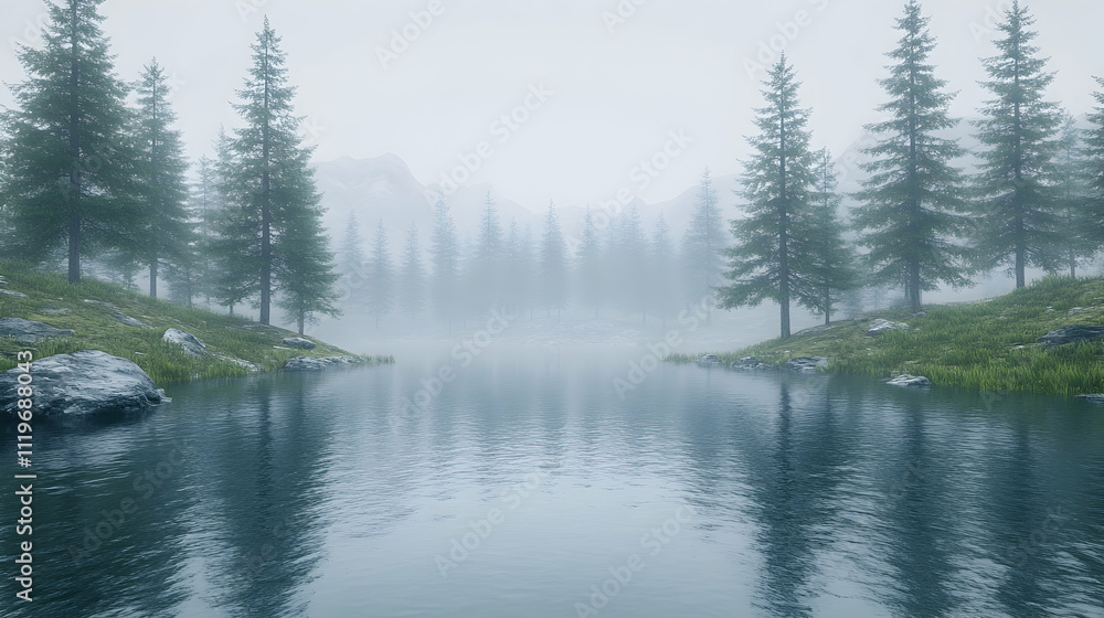 Misty lake reflecting foggy pine forest. Misty lake reflecting foggy pine forest.