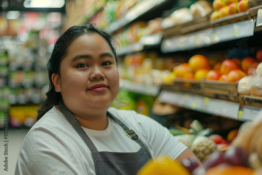 Generative AI Image of a Smiling Supermarket Worker in the Aisle with Products on Display Generative AI Image of a Smiling Supermarket Worker in the Aisle with Products on Display