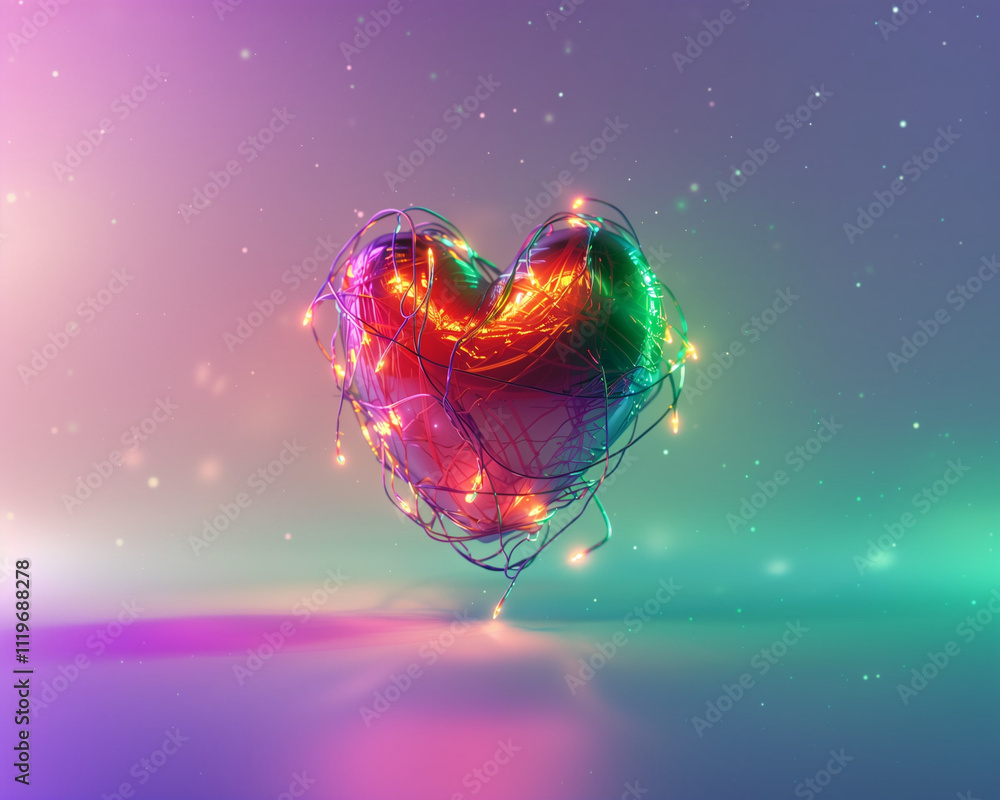 Obraz premium heart wrapped with colorful xmas lights levitate in the air on purple green gradient background.