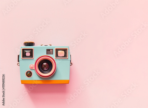 Cute romantic polaroid camera on pastel pink background.