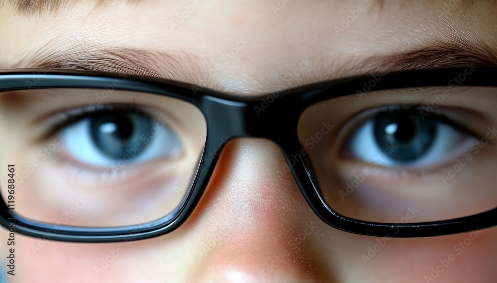 Close-up, Modern Black Glasses On Childs Face, Blue Eyes, Concept Vision Correction, Eyeglasses Close-up, Modern Black Glasses On Childs Face, Blue Eyes, Concept Vision Correction, Eyeglasses