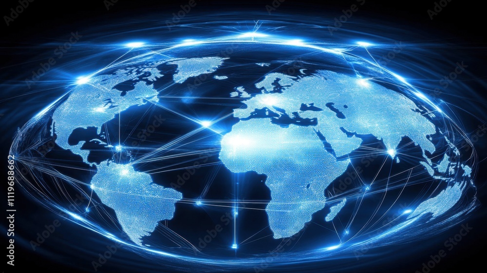 Vibrant blue Earth with luminous connection points and lines, depicting a global technology network Vibrant blue Earth with luminous connection points and lines, depicting a global technology network