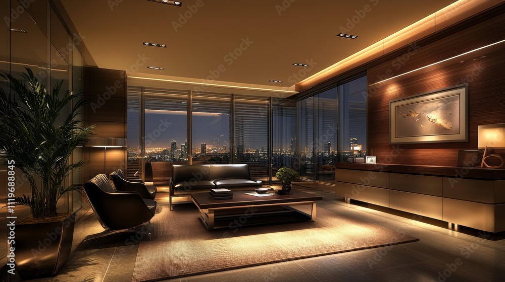 Modern Office Interior in Minimalist Luxury Design with Cozy Warm Light and Cityscape View Modern Office Interior in Minimalist Luxury Design with Cozy Warm Light and Cityscape View