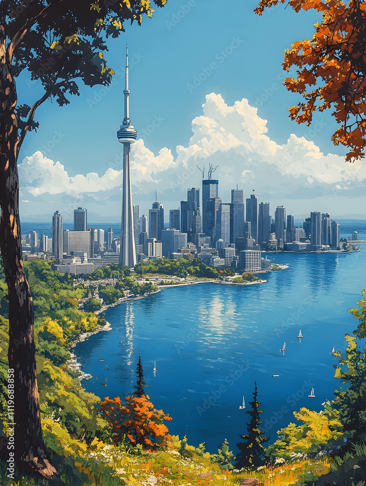 Fototapeta premium Scenic city skyline view with lake, trees, and tower.
