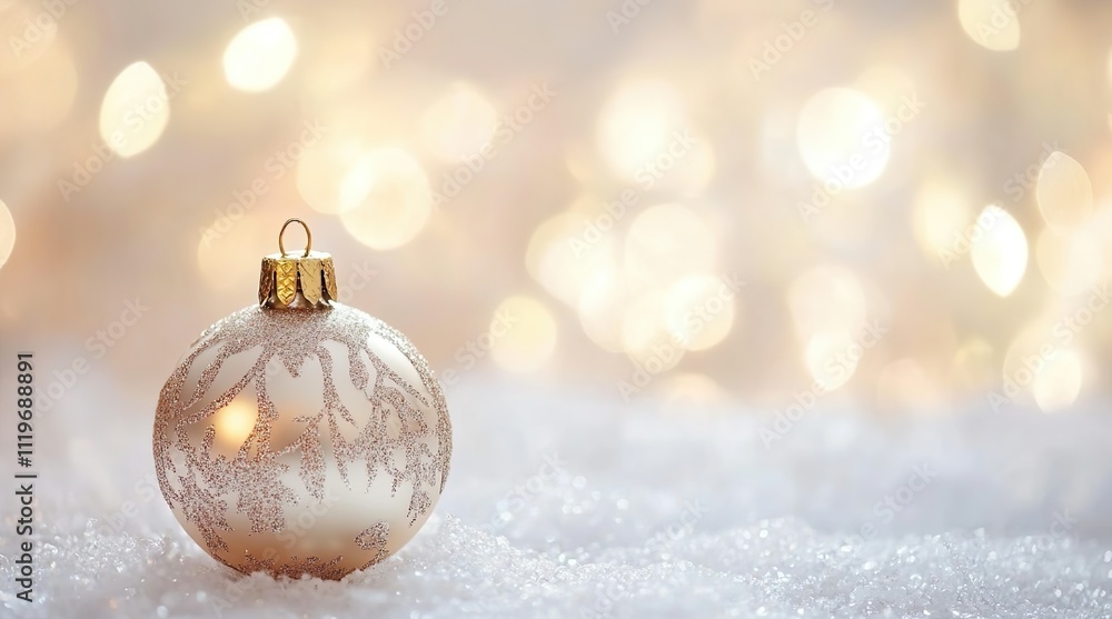 White Christmas Ornament with Snow on Sparkling Background. Perfect for Christmas-themed designs and celebrations. White Christmas Ornament with Snow on Sparkling Background. Perfect for Christmas-themed designs and celebrations.