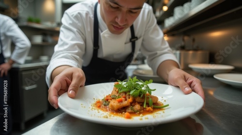 Professional Chef Plating Gourmet Dish in Restaurant Kitchen