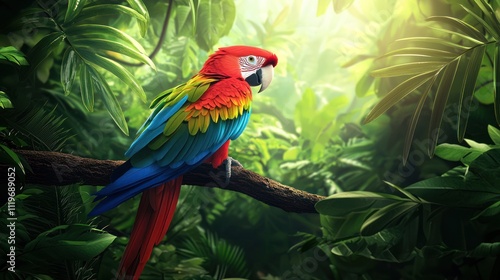 Wallpaper Mural A vibrant parrot perched on a branch amidst lush green foliage, illuminated by soft sunlight filtering through the leaves. Torontodigital.ca