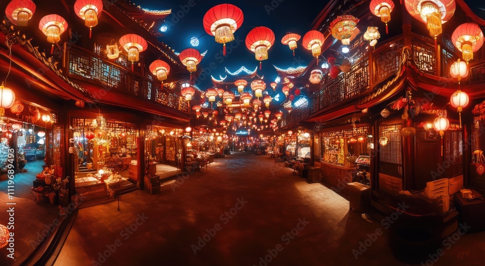 Red lanterns and red decorations fill the courtyard of an ancient Chinese temple at night, creating a festive atmosphere for New Year's Eve dinner. Red lanterns and red decorations fill the courtyard of an ancient Chinese temple at night, creating a festive atmosphere for New Year's Eve dinner.