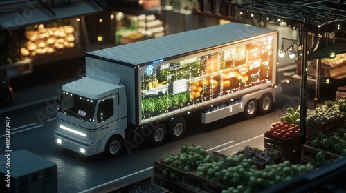 Futuristic Delivery: Smart Sensor Refrigerated Truck Bringing Fresh Produce to Hyperconnected City Market, Photorealistic