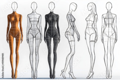 Fashion designer is sketching minimalist female body templates, exploring different poses and styles