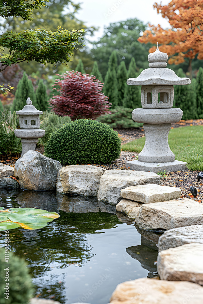 Serene Japanese garden with stone lanterns, pond, and meticulously manicured plants. Serene Japanese garden with stone lanterns, pond, and meticulously manicured plants.