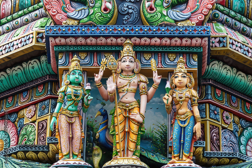Colored decorations and statues on the exterior of the Hindu Temple Sri Maha Mariamman Temple ("Wat Phra Si Maha Umathewi") on Si Lom Road in Bangkok, Thailand. Built in 1879.