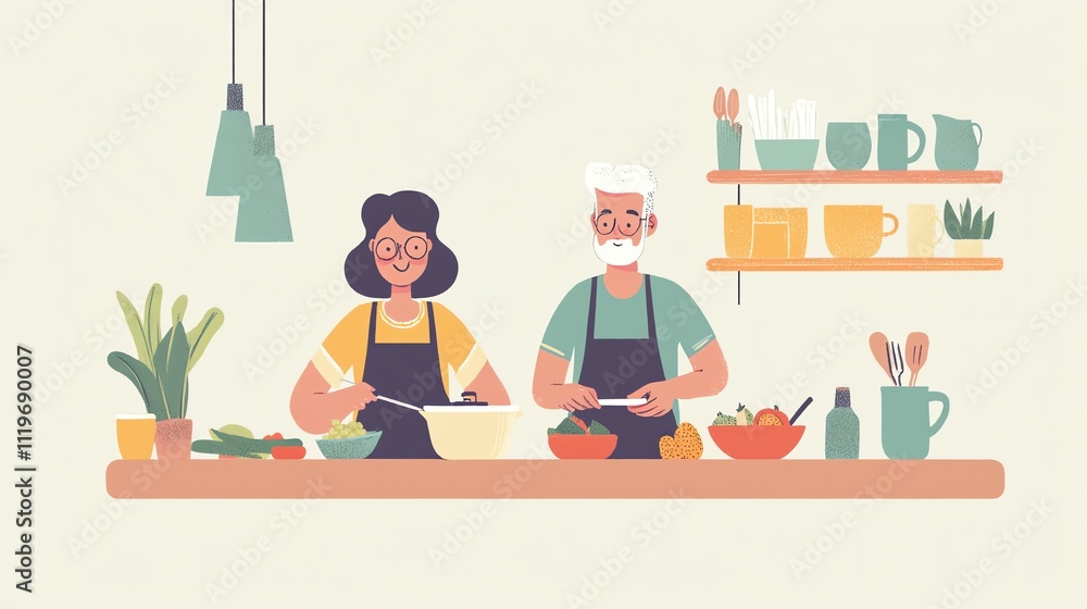 A couple in a kitchen preparing a meal together. A couple in a kitchen preparing a meal together.