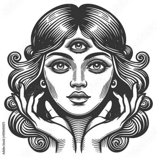 woman with a third eye, symbolizing intuition and mysticism in vintage style sketch engraving generative ai fictional character vector illustration. Scratch board imitation. Black and white image.