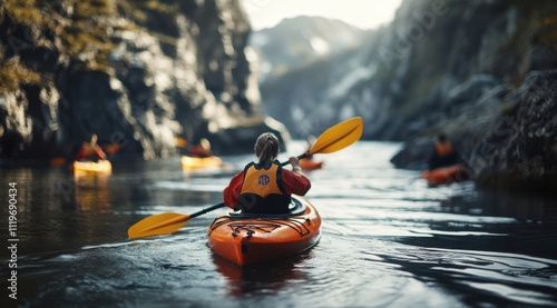 A group kayaking through a river, showcasing outdoor adventure, teamwork, and exploration amidst natural beauty.