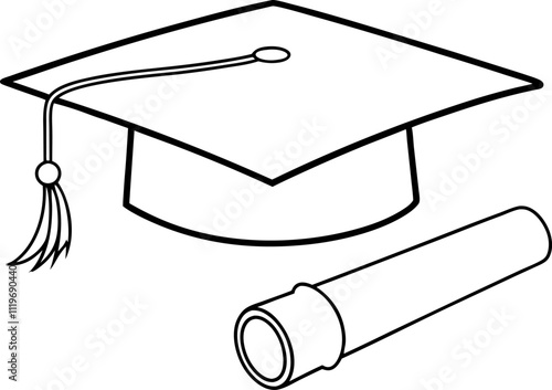 Vector illustration of a simple black and white student graduation cap with tassel and rolled degree sketch, flat color mortar, and academic cap outline and icon.