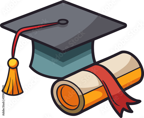 vector illustration of a simple student graduation cap with a tassel, rolled degree sketch, flat color mortarboard, and academic cap outline and icon.