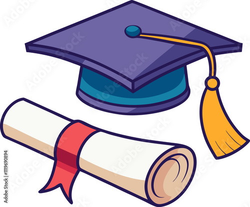 vector illustration of a simple student graduation cap with a tassel, rolled degree sketch, flat color mortarboard, and academic cap outline and icon.