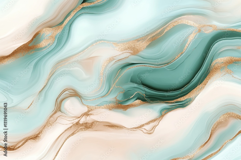 Fototapeta premium Abstract Fluid Art with Soft Turquoise and Cream Waves Enhanced by Golden Touches, Perfect for Modern Home Decor, Wallpapers, and Artistic Projects