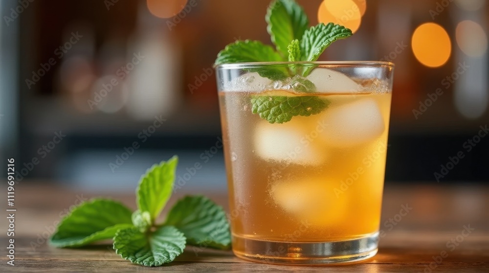 Refreshing Cocktail with Ice Cubes and Mint Leaves on a Bar Counter Refreshing Cocktail with Ice Cubes and Mint Leaves on a Bar Counter