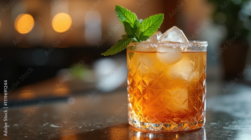 Refreshing Cocktail with Ice Cubes and Mint Leaves on a Bar Counter Refreshing Cocktail with Ice Cubes and Mint Leaves on a Bar Counter