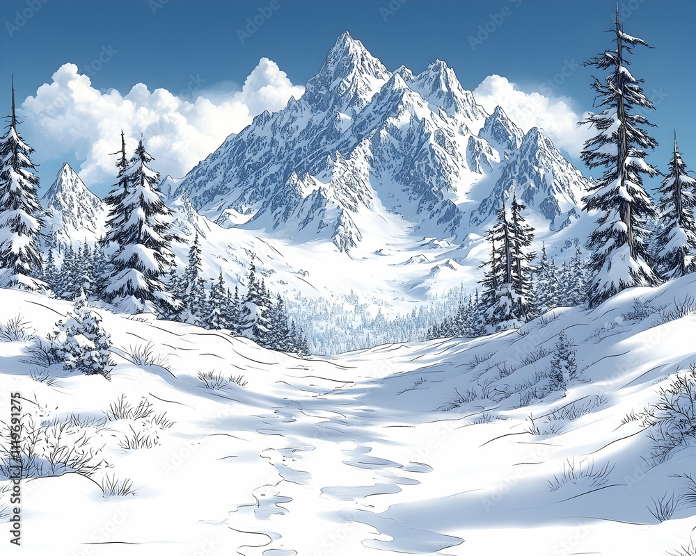 Fototapeta premium Snowy mountain landscape with path.