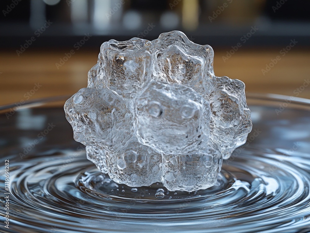 Crystal Clear: Close-up of Intricate Hexagonal Ice Fragment About to Create Ripples in Glass of Water, Photorealistic Image Crystal Clear: Close-up of Intricate Hexagonal Ice Fragment About to Create Ripples in Glass of Water, Photorealistic Image