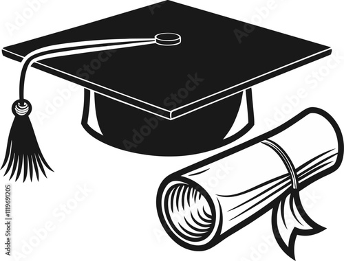 vector illustration of a simple student graduation cap with a tassel, rolled degree sketch, flat color mortarboard, and academic cap outline and icon.