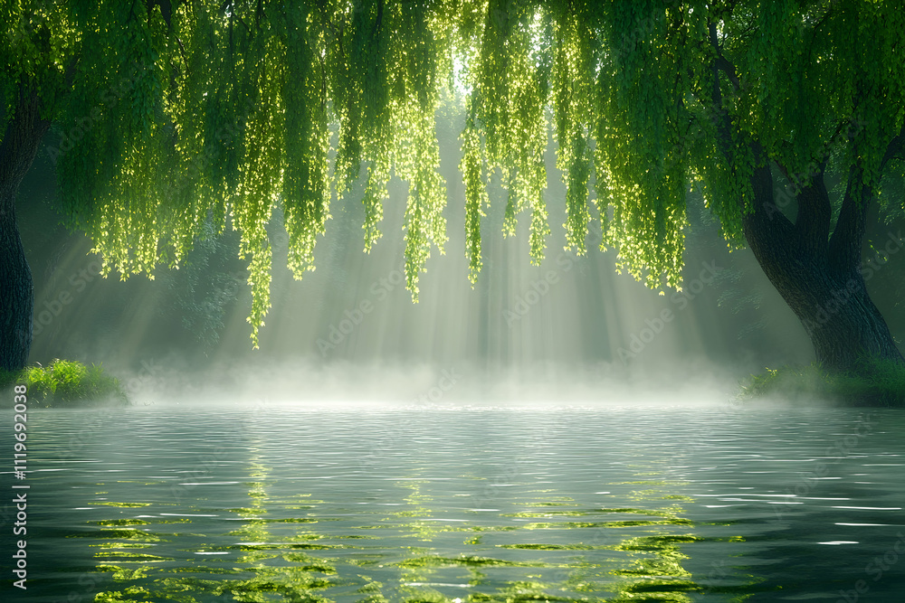 Sunbeams pierce misty willow trees over tranquil water. Sunbeams pierce misty willow trees over tranquil water.