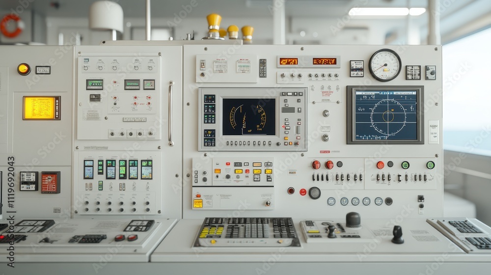 State-of-the-Art Marine Machinery Control Room with Navigation Systems and GPS Technology State-of-the-Art Marine Machinery Control Room with Navigation Systems and GPS Technology