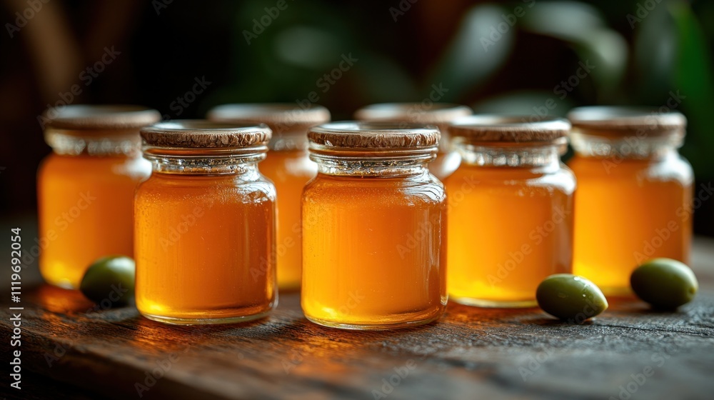 Small jars of golden olive oil. Small jars of golden olive oil.