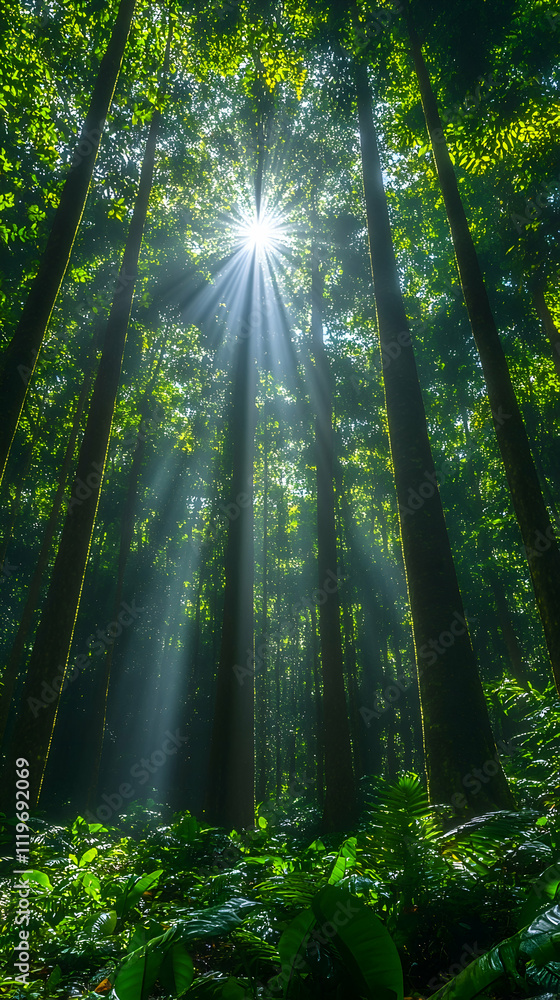 Obraz premium Sunbeams through lush green forest canopy.