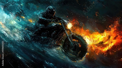 Fiery motorbike speeding through water and flames at night. photo