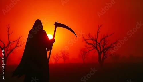 Mysterious Grim Reaper Silhouetted Against Fiery Red Sunset and Haunted Horizon