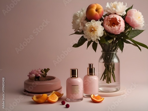Wallpaper Mural Mock up Perfume bottle with pink water, flower and fruits background Torontodigital.ca