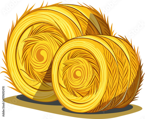 vector illustration of colorful dried yellow rolled piles of straw or dry, flat-style bales of hay hayloft, roll pile, wheelbarrow, pitchfork, and rake—food for agricultural animals.