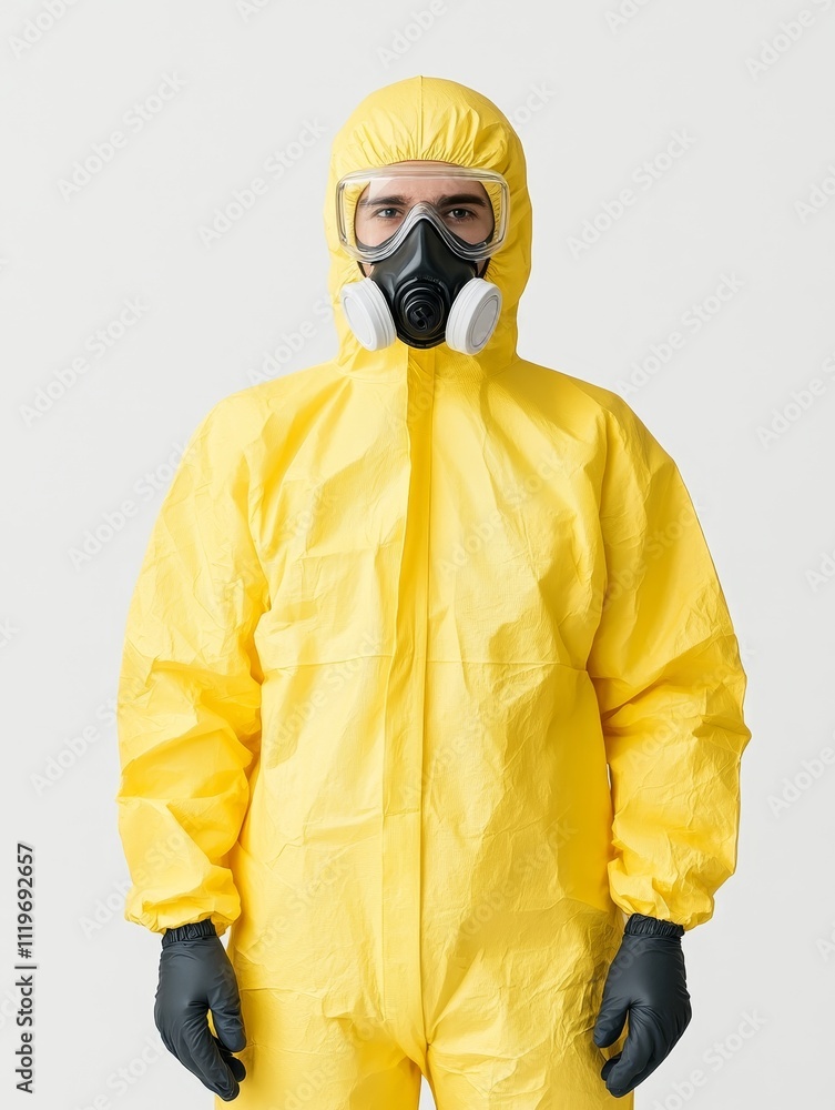 Industrial Chemist in High-Quality Yellow Hazmat Suit and Full-Face Respirator on White Background - Photorealistic Rendering Industrial Chemist in High-Quality Yellow Hazmat Suit and Full-Face Respirator on White Background - Photorealistic Rendering