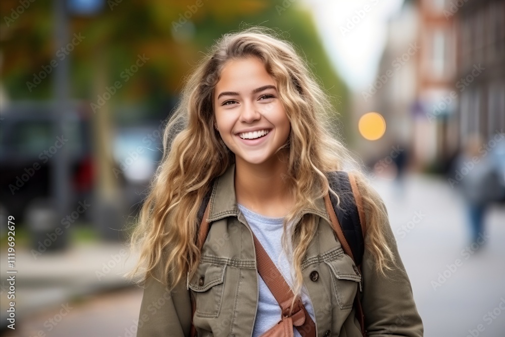 Portrait of a beautiful young woman smiling at the camera on the street Portrait of a beautiful young woman smiling at the camera on the street