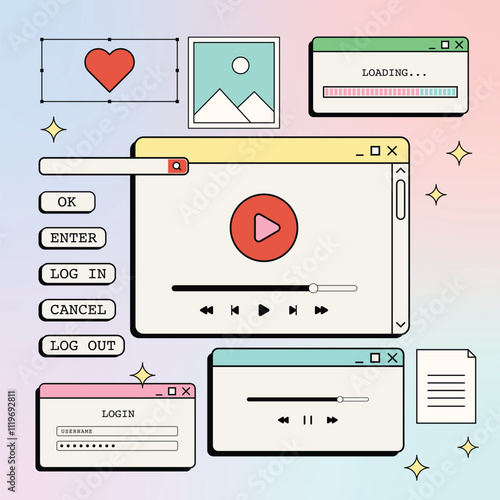 Vector illustration of a retro 90s browser window in retro style, featuring smiley face hipster stickers. Retrowave PC desktop with message boxes and popup user interface elements