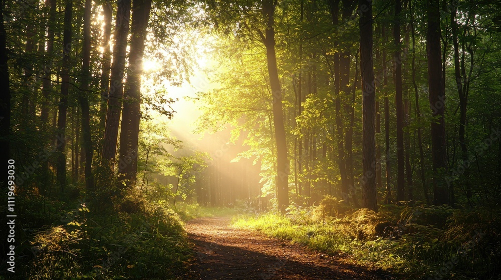 Fototapeta premium Sunbeams illuminate a forest path at dawn.