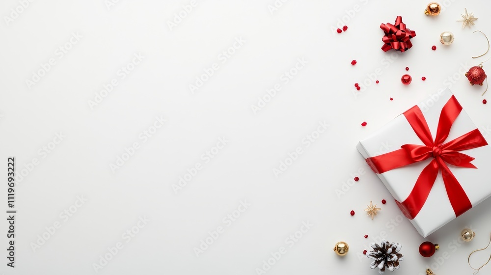 Elegant White Gift Box with Red Ribbon Surrounded by Festive Ornaments, Decorations, and a Clean Background for Celebratory Occasions and Holiday Themes Elegant White Gift Box with Red Ribbon Surrounded by Festive Ornaments, Decorations, and a Clean Background for Celebratory Occasions and Holiday Themes