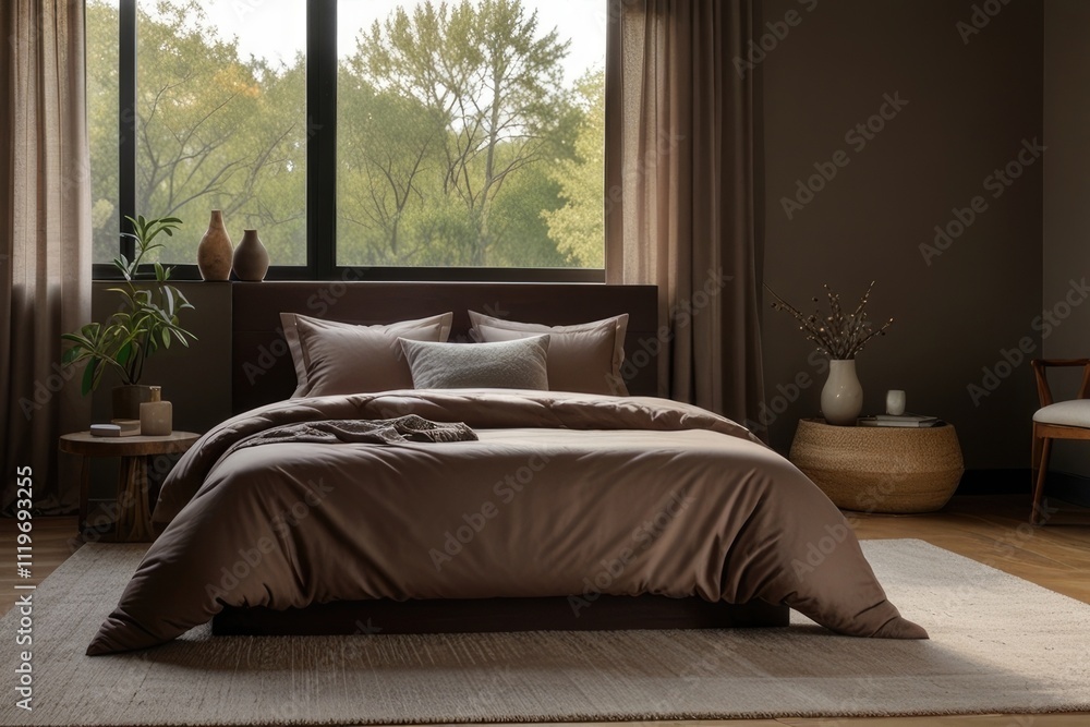 Obraz premium Minimalist bedroom interior with neutral tones and large window lighting