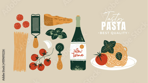 Italian pasta ingredients. Plate with spaghetti. Food design template. Vector illustration