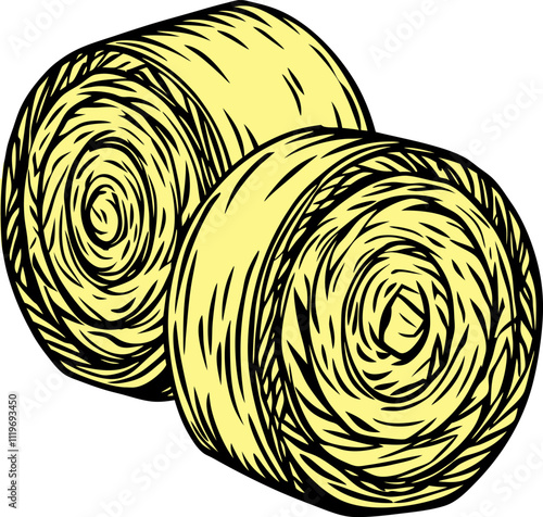 vector illustration of colorful dried yellow rolled piles of straw or dry, flat-style bales of hay hayloft, roll pile, wheelbarrow, pitchfork, and rake—food for agricultural animals.