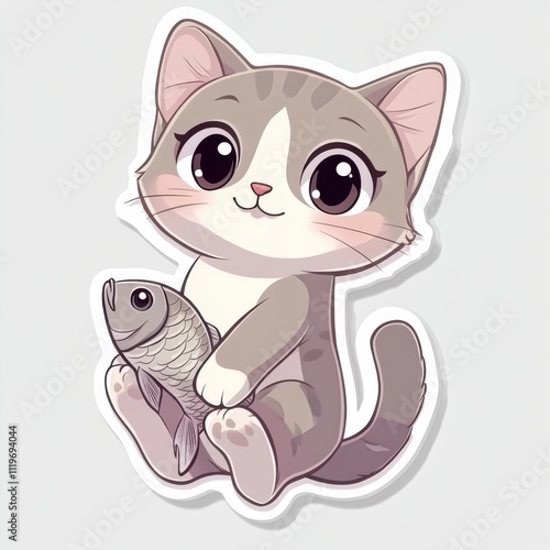 Adorable cartoon kitten holding a fish. photo