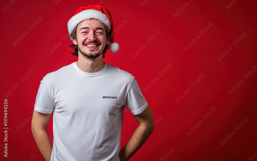 Smiling Man in Santa Hat Celebrating Christmas on Red Background, Perfect for Holiday-Themed Advertising and Cards Smiling Man in Santa Hat Celebrating Christmas on Red Background, Perfect for Holiday-Themed Advertising and Cards