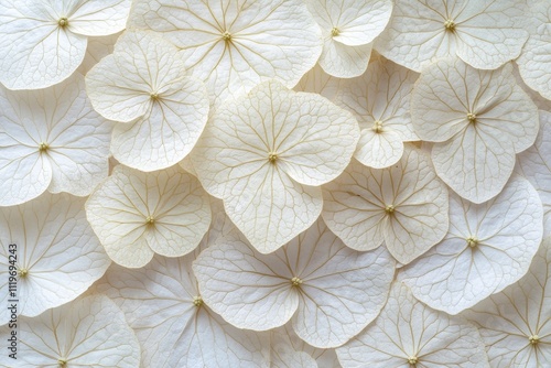 Delicate White Hydrangea Petals Creating a Soft, Natural Background with Subtle Veins and Gentle Textures for Elegant Design Projects and Floral Arrangements