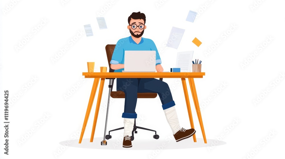 Young man with glasses working on laptop at home office desk with injured leg wrapped in bandages, showcasing a blend of productivity and challenge in a modern workspace Young man with glasses working on laptop at home office desk with injured leg wrapped in bandages, showcasing a blend of productivity and challenge in a modern workspace